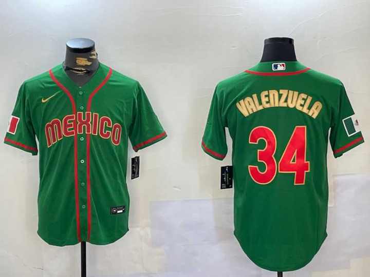 Mens Mexico Baseball #34 Fernando Valenzuela 2023 Green Gold World Classic Stitched Jersey->2023 world baseball classic->MLB Jersey